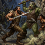 A high-action fantasy illustration showing a muscular human hero in a dynamic sword strike against a massive, tusked green orc wielding a heavy stone axe in a narrow, rocky pass.