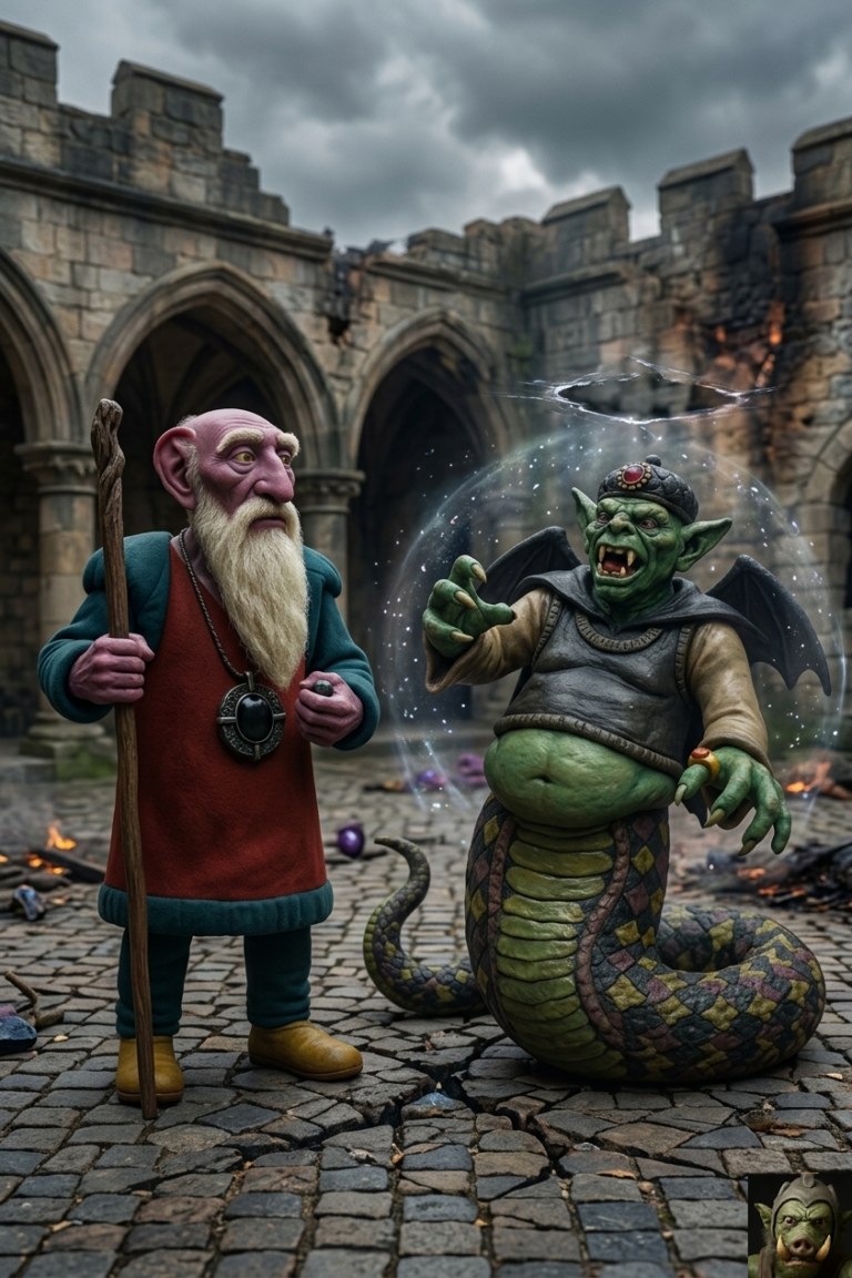 A photo of a wizened purple-skinned human-like figure in a tunic holding a staff, standing on cracked paving stones and looking up at a monstrous winged, green-skinned naga creature with fangs and bat wings, enclosed in a blue magical forcefield. In the background is a ruined, Gothic stone courtyard under an overcast sky.