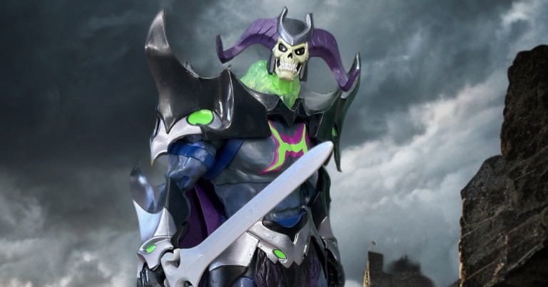 Skelegod with Power Sword in hand against a stormy backdrop.