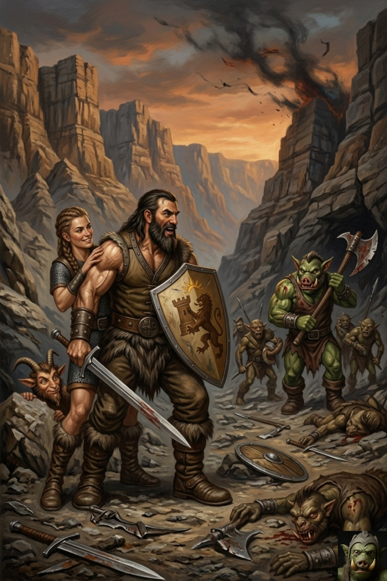 A triumphant warrior with a lion shield stands over a battlefield of fallen enemies, smiling as a defeated orc leader and his small band of raiders retreat into a dark mountain pass.