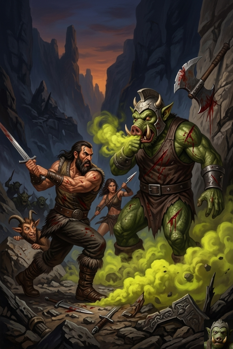 Intense battle scene in a ravine where a green-skinned warlord coughs into his hand, surrounded by thick yellow smoke. A human warrior swings a sword toward him while a woman with a spear and a faun look on.