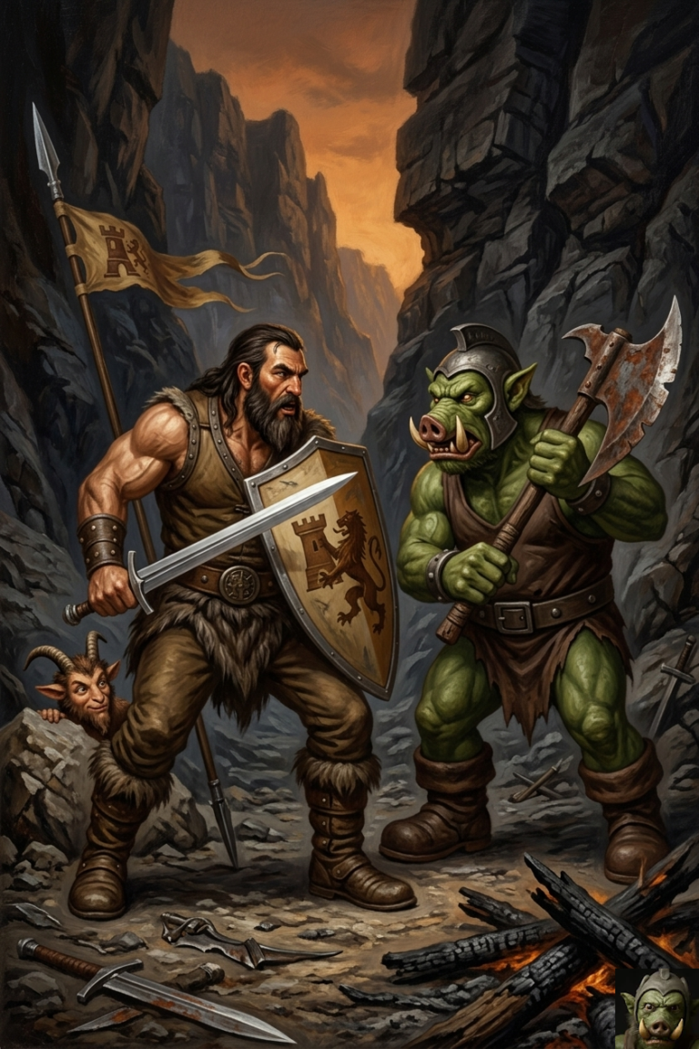A heroic bearded warrior in fur-lined armor holding a lion-crested shield faces off against a large, green-skinned orc warlord with boar tusks in a rocky canyon. A small faun peeks out from behind a rock in the background.