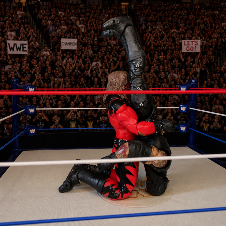 Kane action figure hitting The Undertaker with a Tombstone Piledriver.