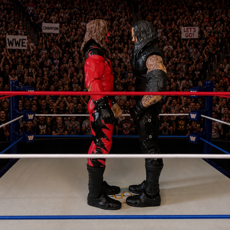 Kane and The Undertaker action figures in a dramatic brotherly confrontation.