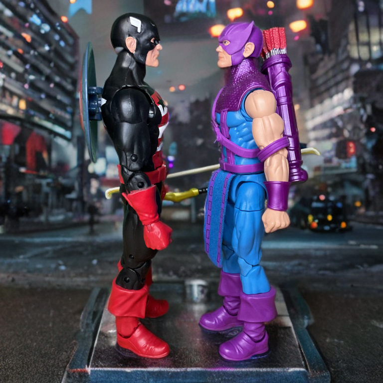 Hawkeye action figure and U.S. Agent action figure in intense face-to-face stare down, dramatic pre-fight tension recreated by Fantasy Action Figures.
