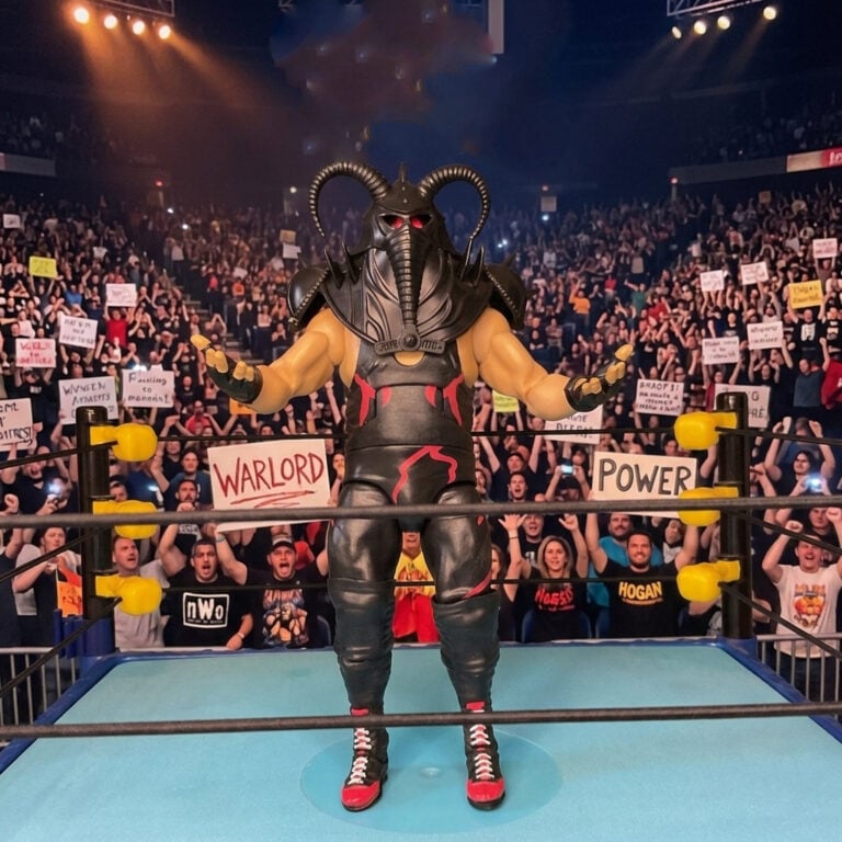Fantasy Action Figures powerful solo shot of Big Van Vader in the center of the ring with his classic horned mask and gear.
