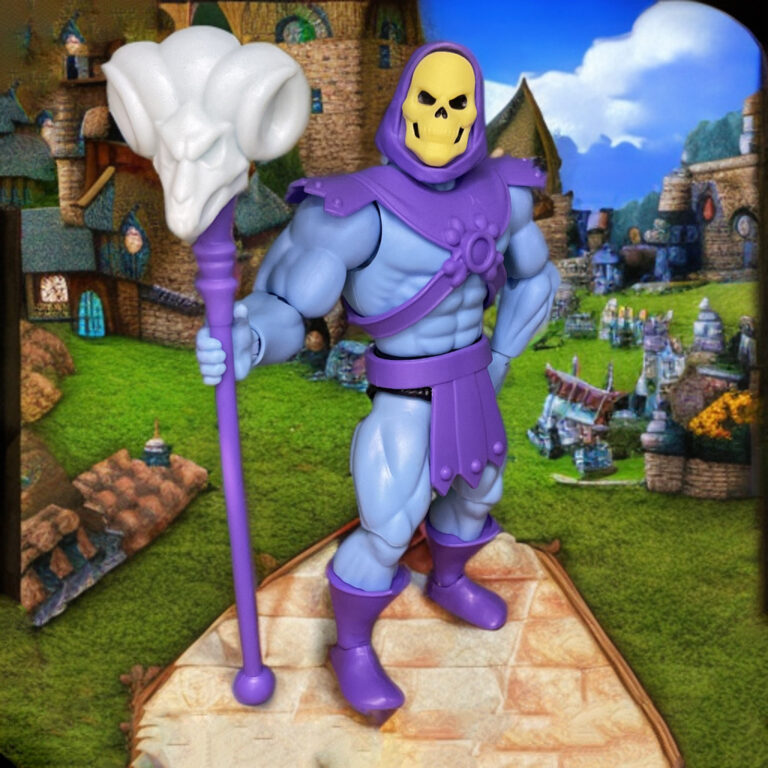 Close-up of the ram-headed Havoc Staff accessory held by the Origins action figure.