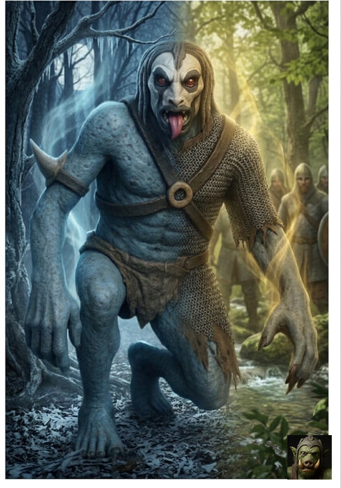 A split image showing a monstrous blue ghoul on the left and a human warrior in chainmail armor on the right.