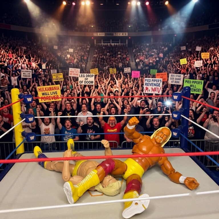 Figura de ação de Hulk Hogan tentando a famosa queda de perna no Hammer.