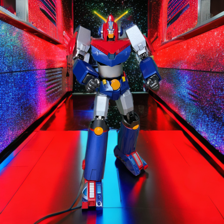 Front view of the fully combined GX-90 Combattler V Full Action figure showcasing its vibrant paint applications under bright lighting.