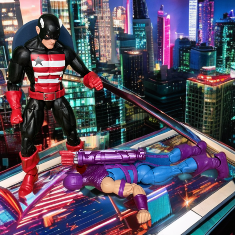 Defeated Hawkeye lying down with U.S. Agent standing over him
