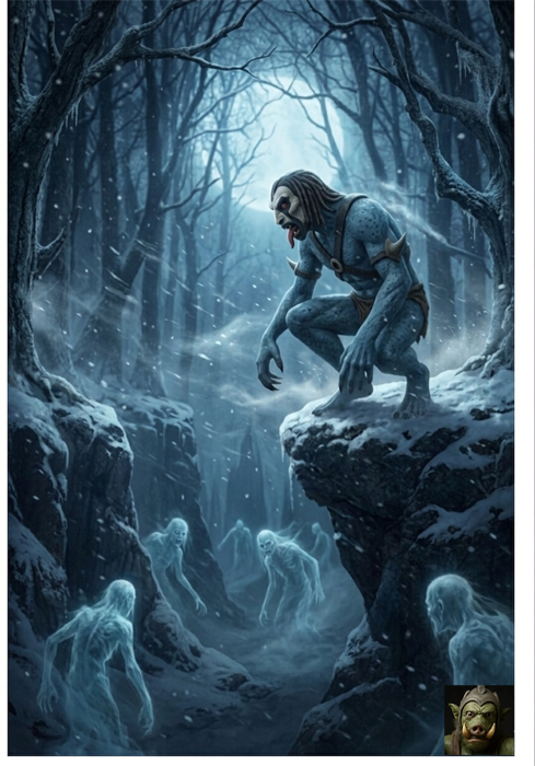 A blue ghoul crouching on a snowy ledge overlooking several white, spectral undead figures in a dark canyon.