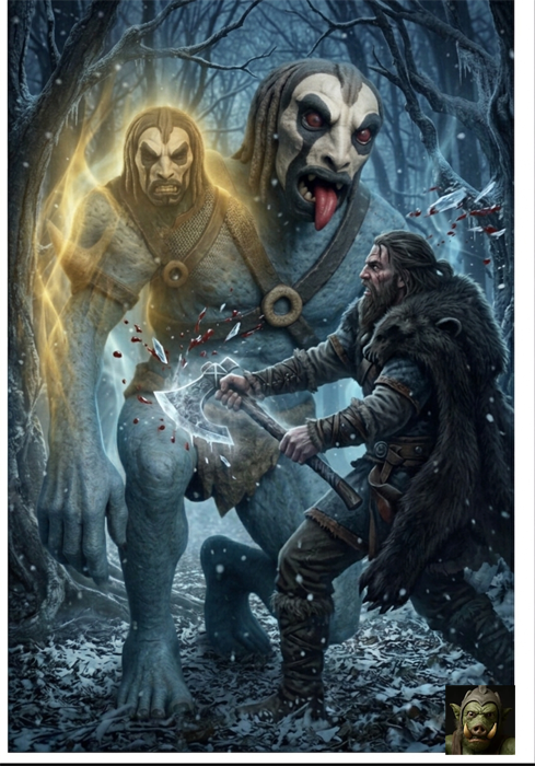 A monstrous ghoul fighting Magnus with an axe in a snowy, moonlit woods.