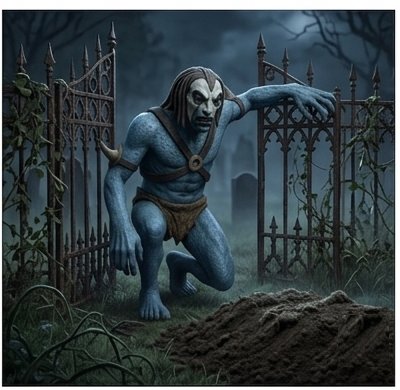Winter Ghoul with a leather harness leaning on a rusted cemetery gate next to a freshly dug mound of dirt.