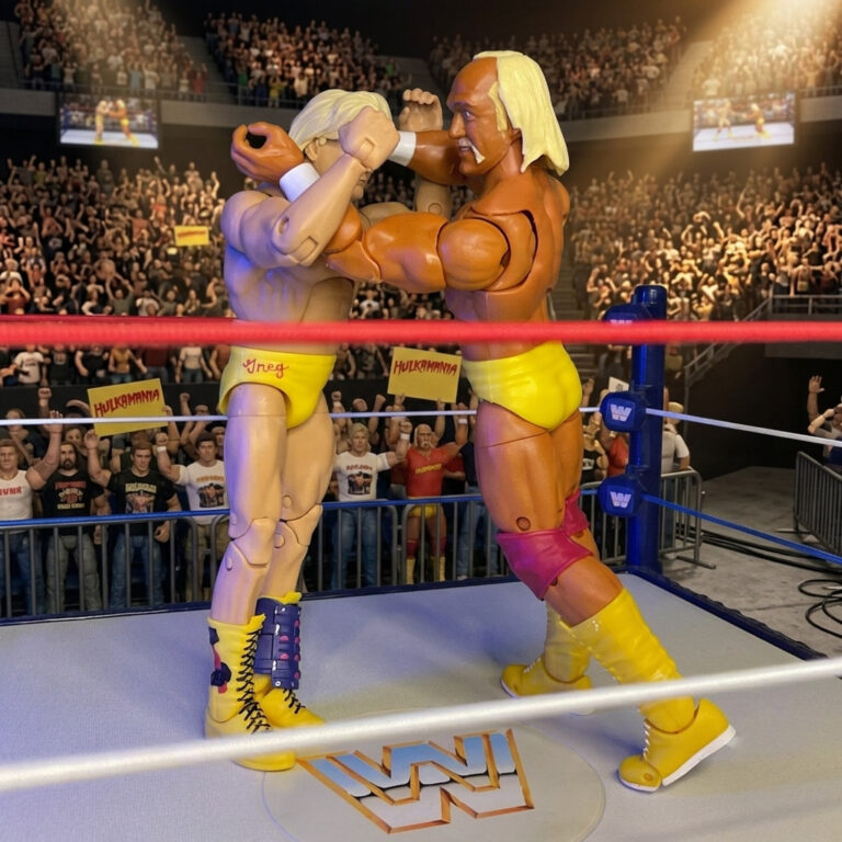 Bonecos de ação de Greg Valentine e Hulk Hogan em uma poderosa amarração de colarinho e cotovelo no início de seu confronto épico.