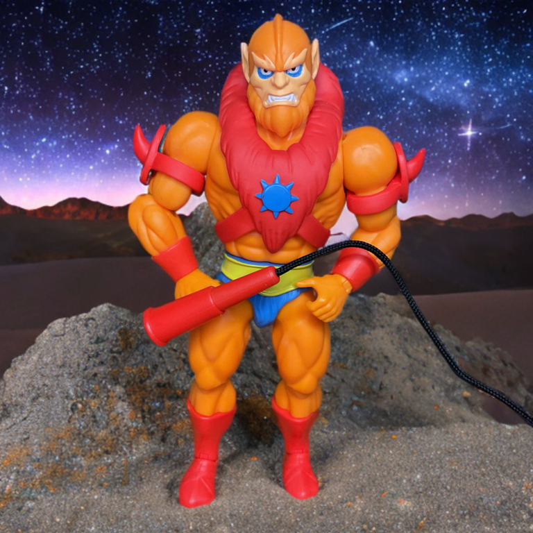 A retro-style toy photography shot of Cartoon Collection Beast Man, watermarked for Fantasy Action Figures.