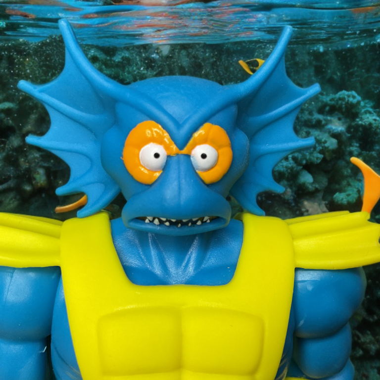 Close-up of Mer-Man’s fish-like head sculpt and gills.