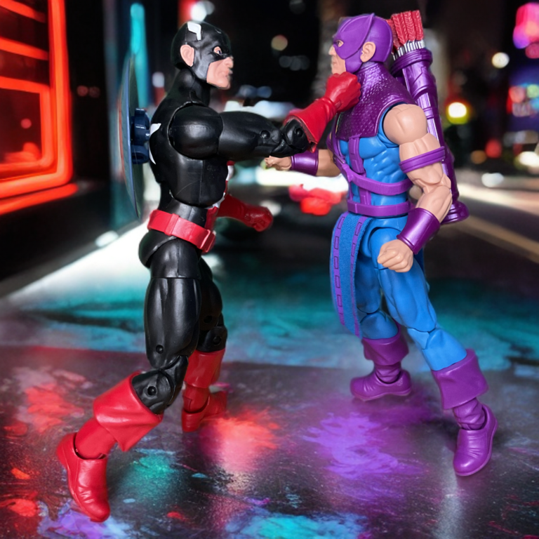 Hawkeye vs U.S. Agent fight scene recreated with action figures