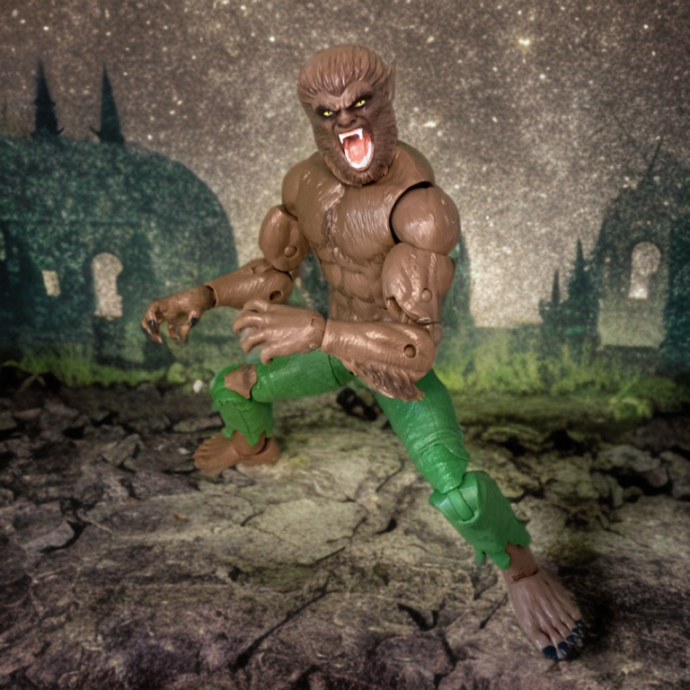 Man-Wolf action figure rampaging through the city streets in his early mindless beast form.