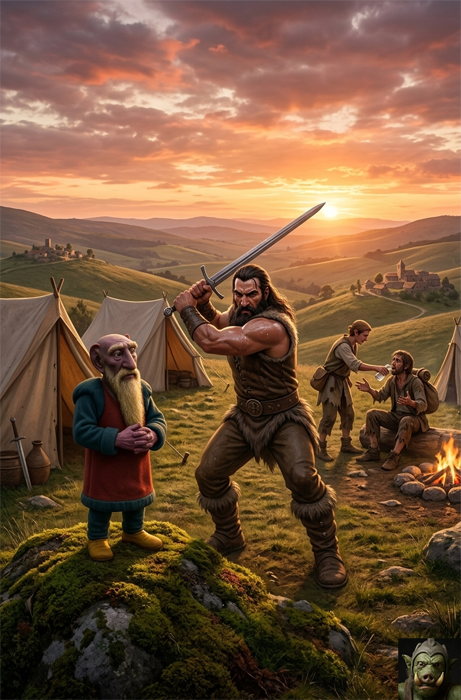 A muscular bearded warrior holding a sword stands beside an elderly wizard in a red robe at a campsite in rolling green hills during a dramatic golden-hour sunset, with other travelers resting by a campfire.