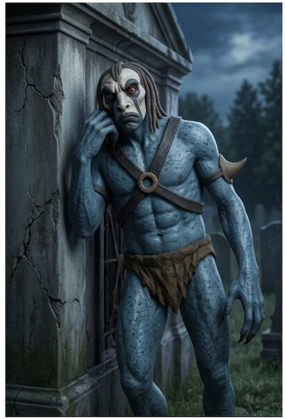 A sad-looking blue ghoul leaning his head against a stone tomb in a dark, foggy graveyard.