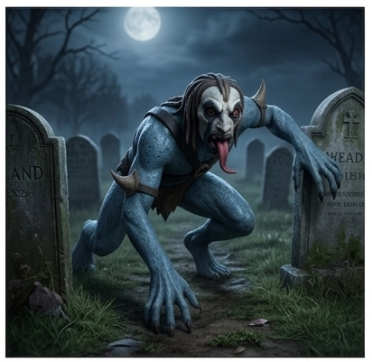 A blue-skinned monster with a long red tongue crawling between gravestones in a misty, night-time cemetery.