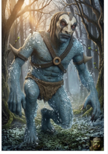 A blue ghoul in a forest with water droplets flying off his body as if he is melting under a warm light.