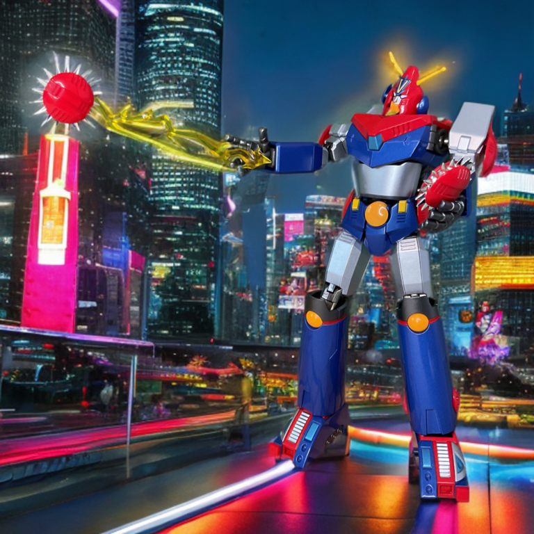 Translucent pink energy trails attached to the spinning Yo-Yo weapons held out horizontally by the combined robot figure.