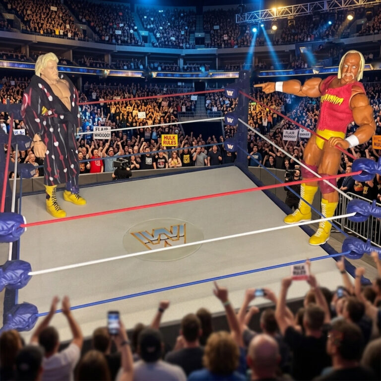 Hulk Hogan action figure posing with bandana and 24-inch pythons, hyping the arena during the grand entrance.