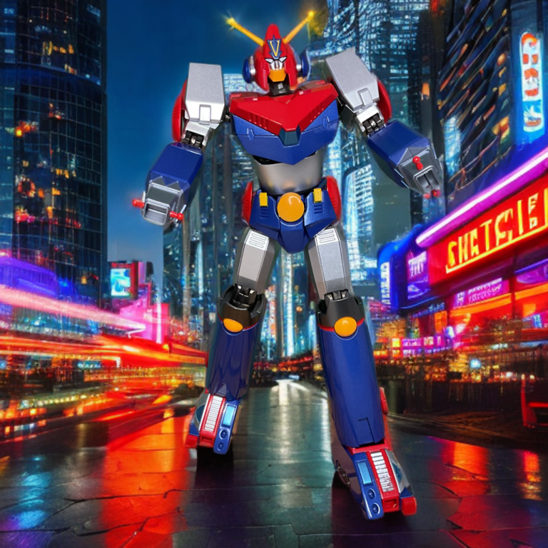 The Combattler V action figure captured mid-air on its display stand executing an aggressive forward-leaning aerial attack pose under dramatic studio lighting.