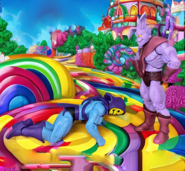 Skeletor reduced to Plundor Inc. mascot in this funny action figure scene.