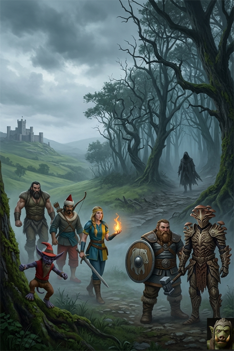 A group of fantasy adventurers engaged in combat with large, gray-green trolls amidst a dense, fog-heavy forest with twisted trees and ruins.