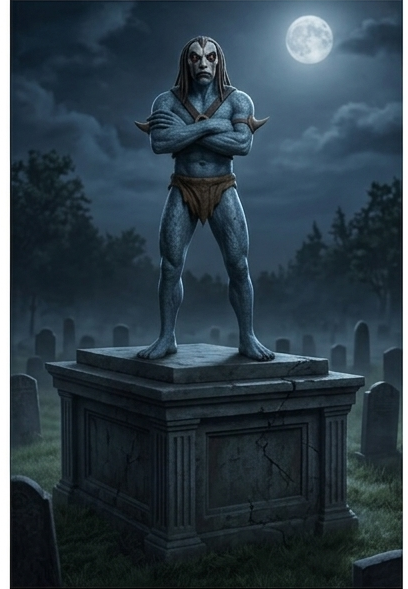 A muscular blue ghoul standing defiantly with crossed arms on top of a large stone grave monument under a full moon.