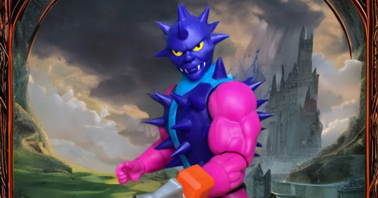 Spikor action figure from Masters of the Universe Origins Cartoon Collection, showcasing his spiked armor and mace hand. Fantasy Action Figures.