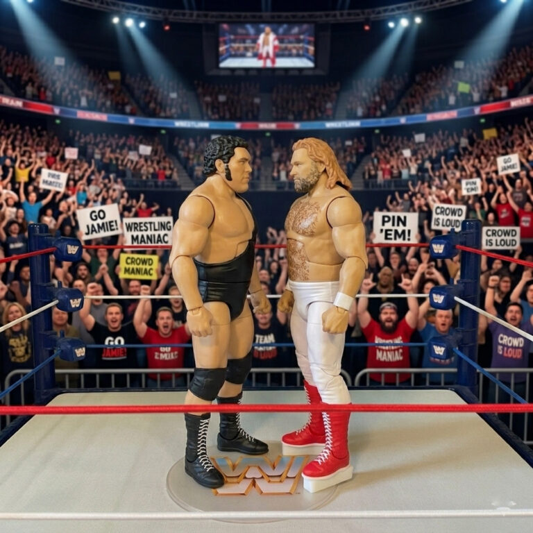 Big John Studd action figure being slammed by Andre the Giant at WrestleMania I recreation. 4.