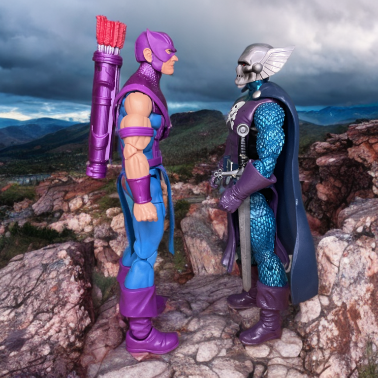 Hawkeye versus Dreadknight action figures ready for battle.