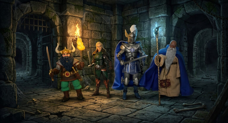 Four fantasy action figures photographed in a dark room, illuminated solely by a warm, orange-tinted side light that casts long dramatic shadows.