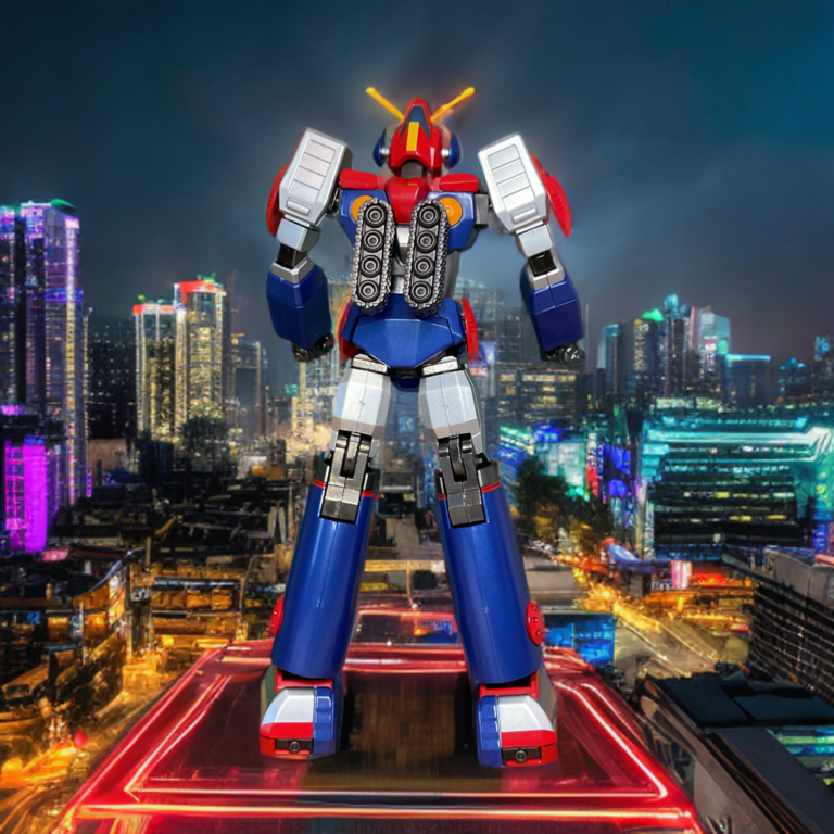 A back profile studio photo of the GX-90 Combattler V figure displayed on the Fantasy Action Figures review stage.