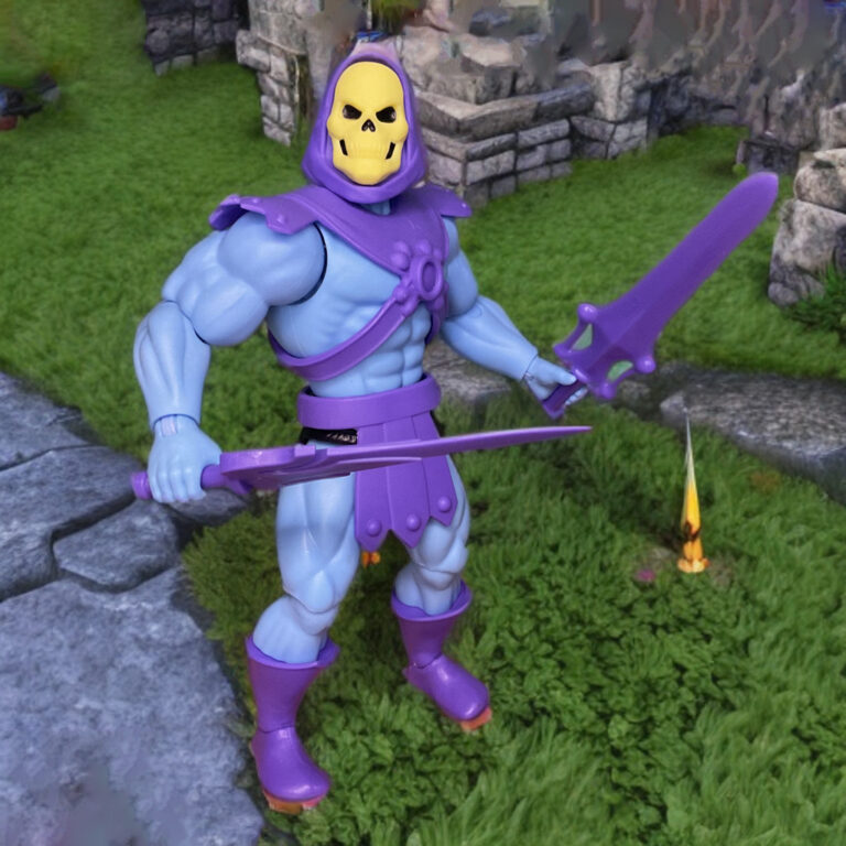 Skeletor toy holding a purple Power Sword accessory in a battle-ready stance.