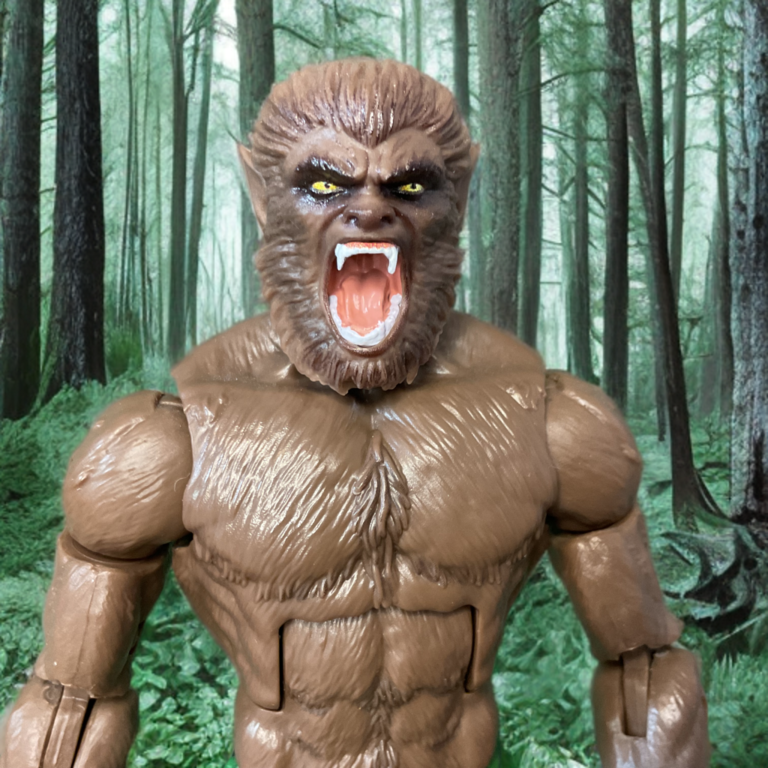 Close-up of Man-Wolf action figure headsculpt showing white fur, feral features, and the Godstone pendant from Marvel Comics.