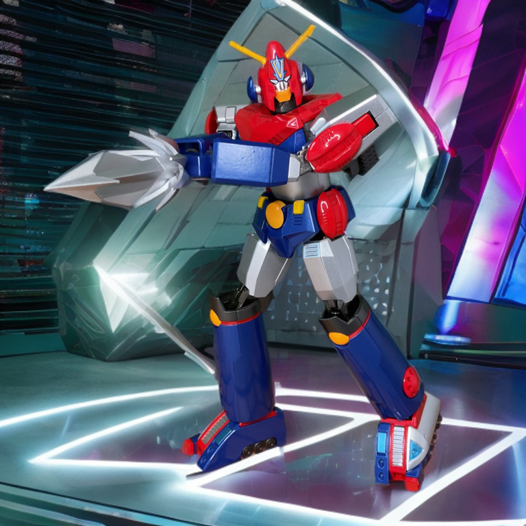 The GX-90 Combattler V figure holding a dynamic anime style stance under bright studio spotlights.