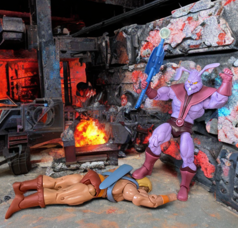 Plundor the greedy pink rabbit standing victorious over a defeated He-Man action figure. Fantasy Action Figures dramatic conquest scene.