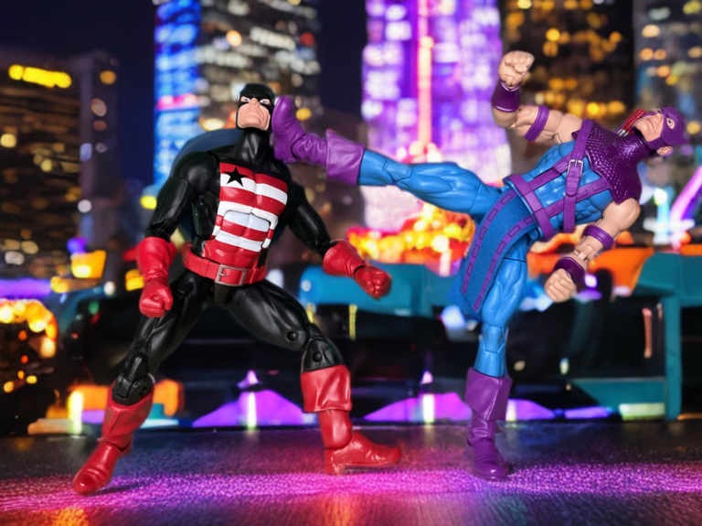 U.S. Agent action figure dominating Hawkeye in fist fight.