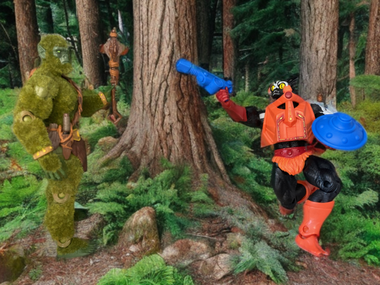 Stinkor ergue sua arma fedorenta contra Moss Man em uma batalha olfativa épica. Recriação da ação dos quadrinhos antigos.