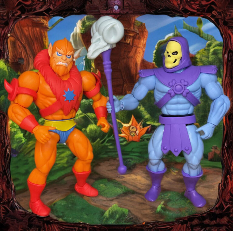 Origins Cartoon Collection Beast Man standing next to Skeletor in a display of the Evil Warriors.