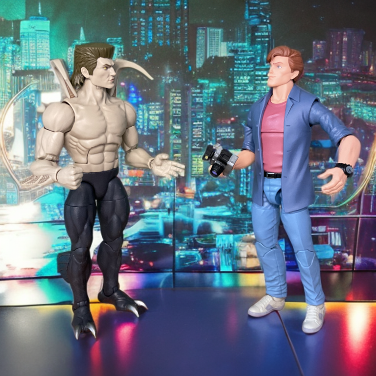 Alistair Smythe action figure encountering Peter Parker in a dramatic confrontation scene from Spider-Man: The Animated Series.