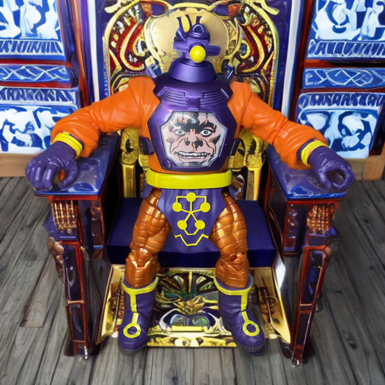 Arnim Zola seated on his throne within Zolandia, ruling as the Bio-Fanatic overlord of Dimension Z with his grotesque ESP Box face prominently displayed.