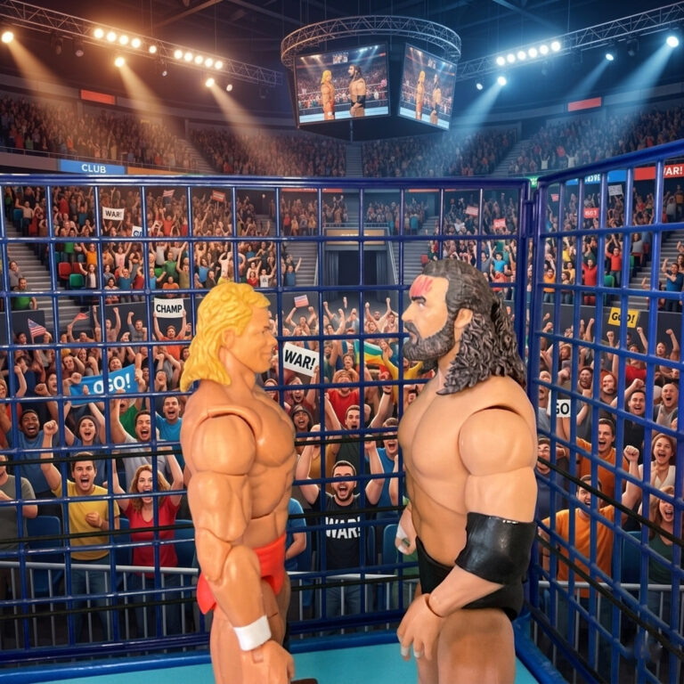 Action figure scene showing Bruiser Brody refusing to sell Lex Luger’s offense.