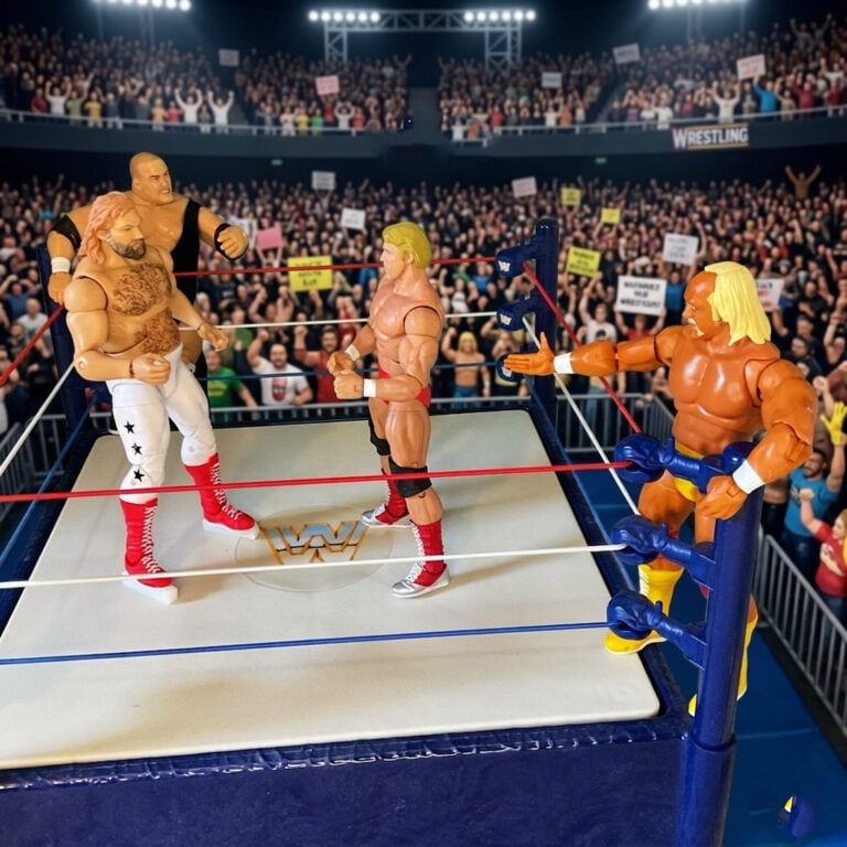 Big John Studd and King Kong Bundy action figures tagging against Hulk Hogan and Paul Orndorff, epic 1980s WWF rivalry scene from Fantasy Action Figures.