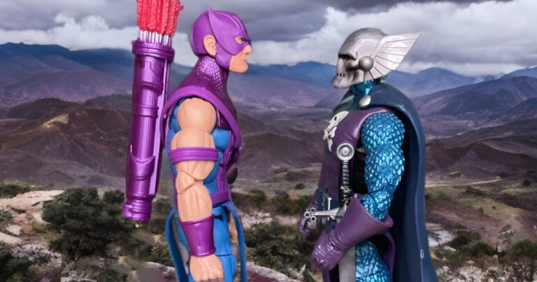 Hawkeye vs Dreadknight action figures epic battle.